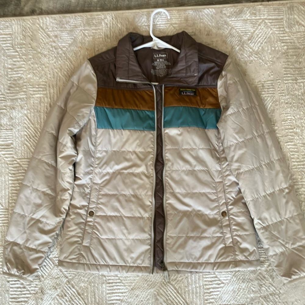 L.L. Bean Women's Beige Puffer Jacket with Teal & Brown Chest Stripes